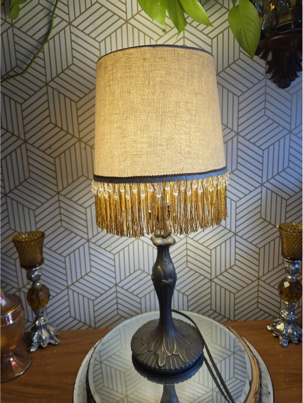 Vintage Fringed And Beaded Fabric Lampshade 10